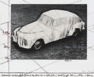 Christo (*1935) Verpacktes Automobil, Projekt für einen Volvo 122 S Sport Sedan, 1984 Lithographie mit Collage 56,5 x 71 cm